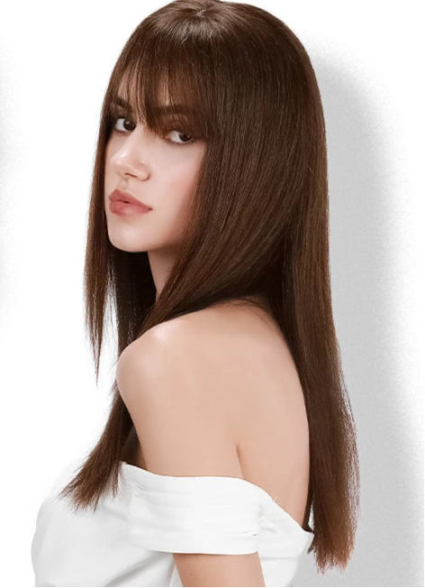 100% Human Hair Topper with Bangs – Natural Silk Base, Multiple Colors & Lengths