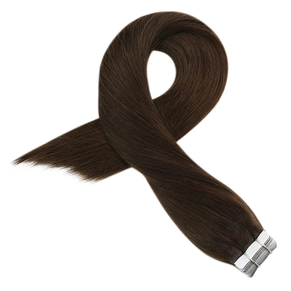 Premium 100% Human Hair Tape-In Extensions – Straight, Natural Hair | 14-24 Inch, 20-100 Pieces, Dark Brown #4
