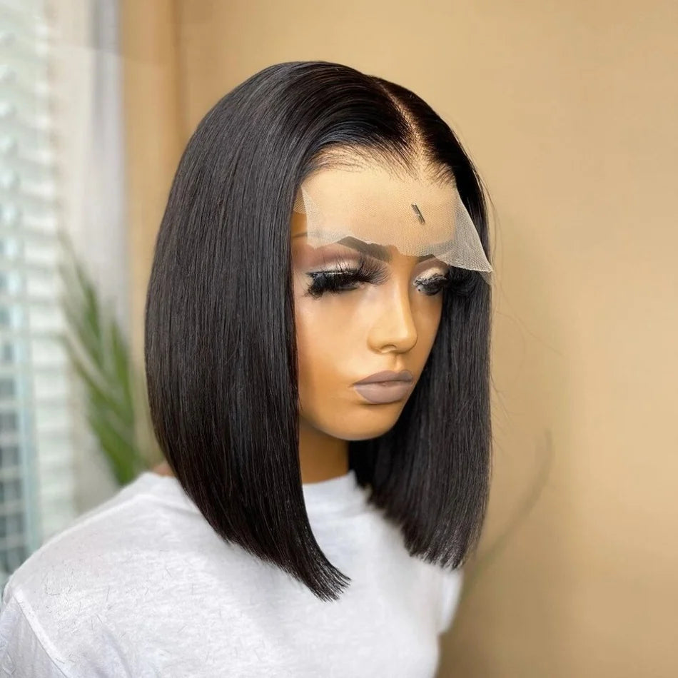 Short Straight Lace Front Wig – 100% Hair with Light Brown Swiss Lace