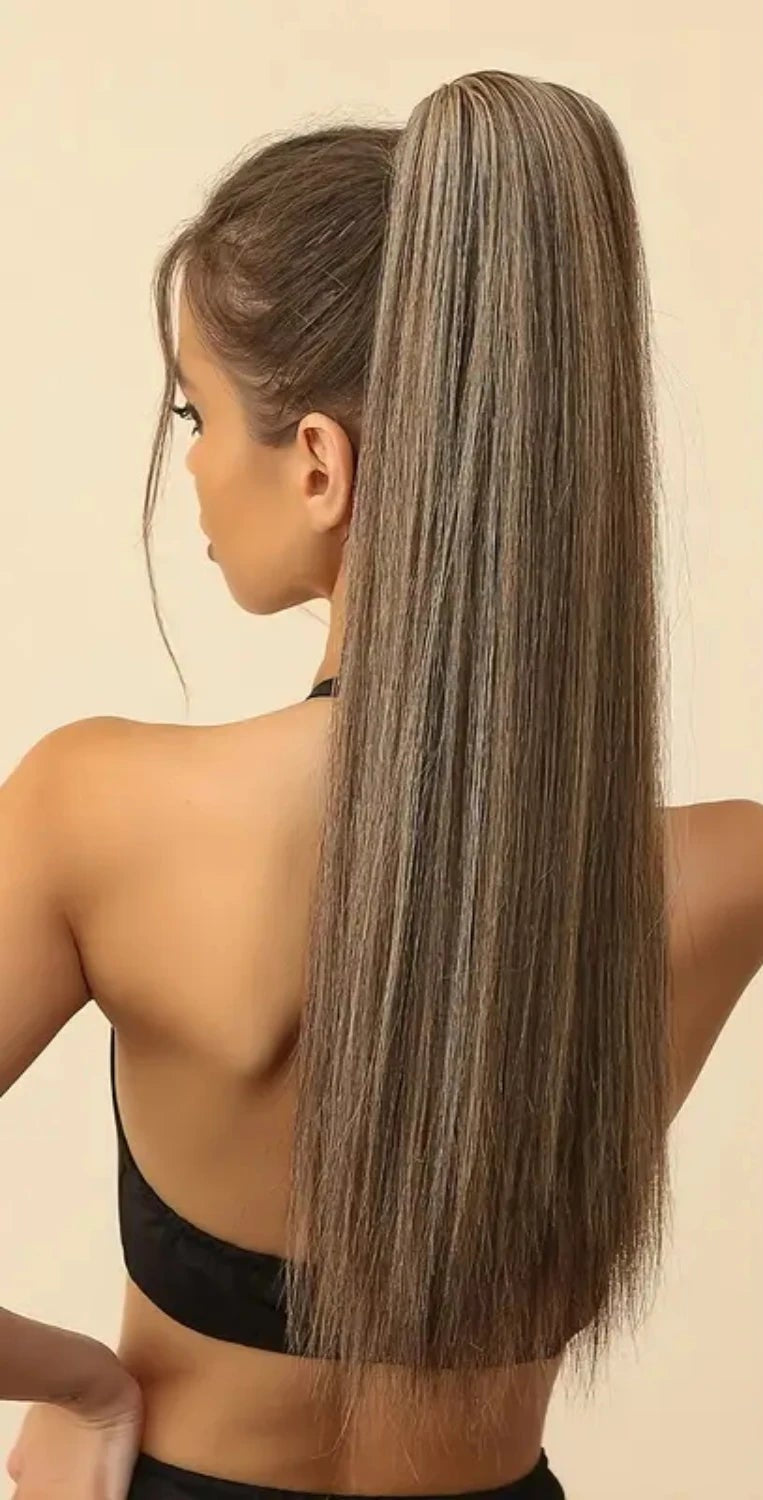 Long Straight Synthetic Ponytail Extension Clip Wrap – Heat-Resistant, Durable Brown Hairpiece for Women
