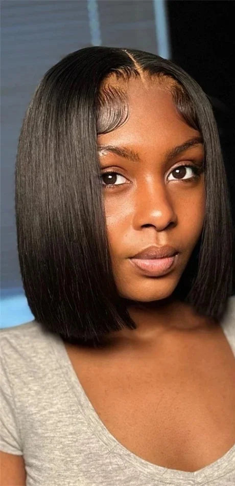 Short Straight Lace Front Wig – 100% Hair with Light Brown Swiss Lace