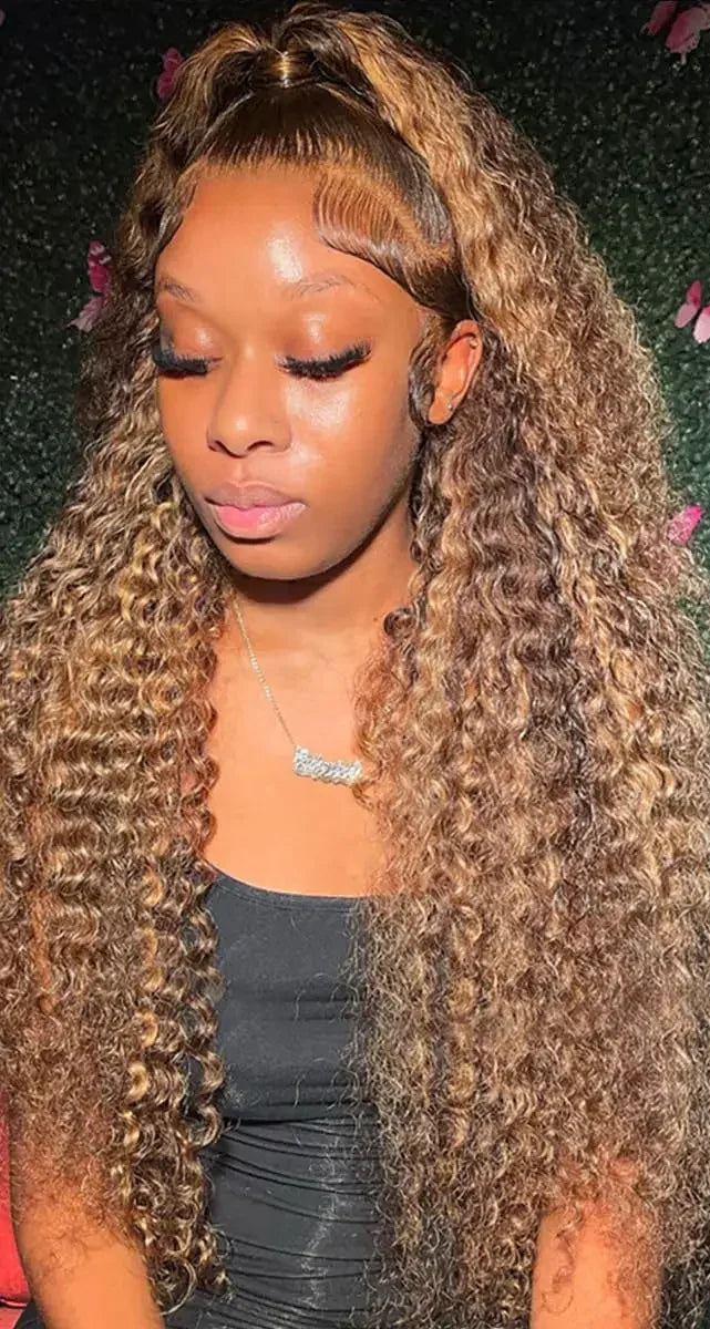 13x4 Highlight Curly Lace Front Wig – Honey Blonde Deep Wave, 100% Hair