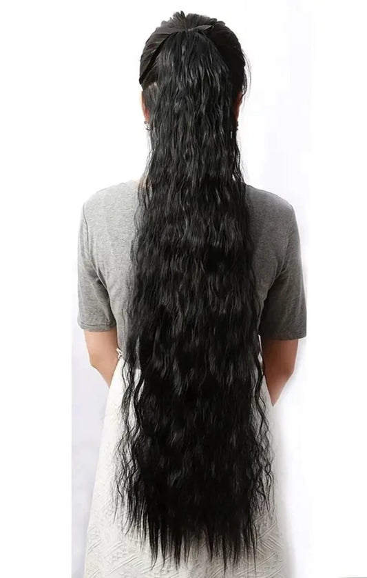 31-Inch Long Wavy Black Brown Clip-On Hair Extensions Ponytail – Glamorous Synthetic Hairpiece for Instant Volume & Length