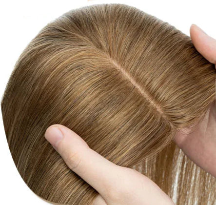 100% Human Hair Topper with Silk Base - Straight Hair, Center Part, Tangle-Free & Natural Hairline