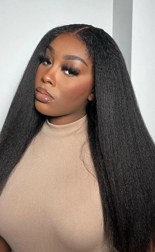 360 Lace Front Kinky Straight Human Hair Wig – Natural Look, Long 26+ Inches, Transparent Swiss Lace