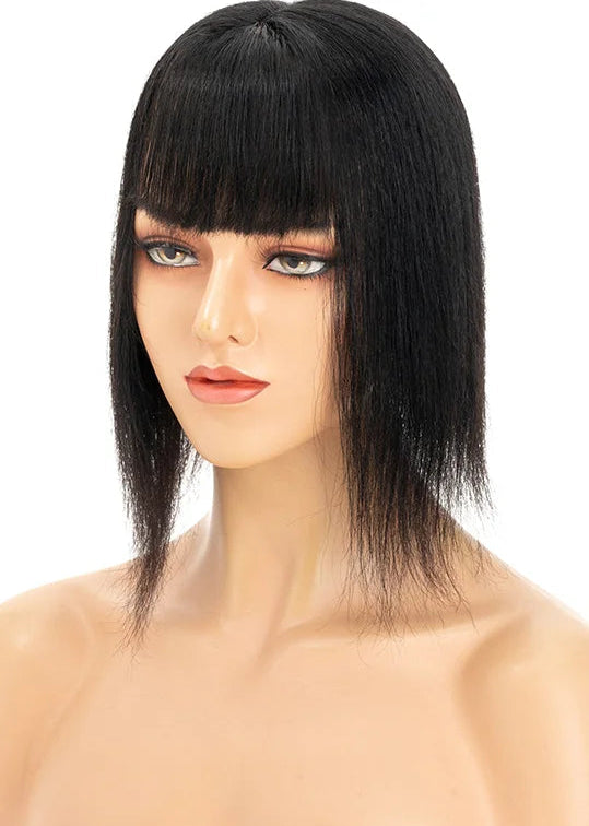 Premium Human Hair Topper with Bangs | Straight Silk Base 100% Real Hair
