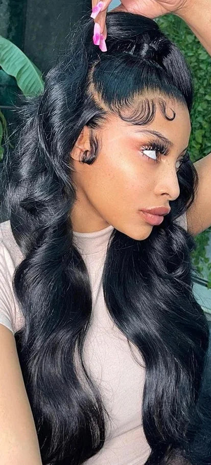 40-Inch Body Wave Human Hair Wig – HD Lace Front, Natural Black, 180-200 Density, Long-Lasting Quality
