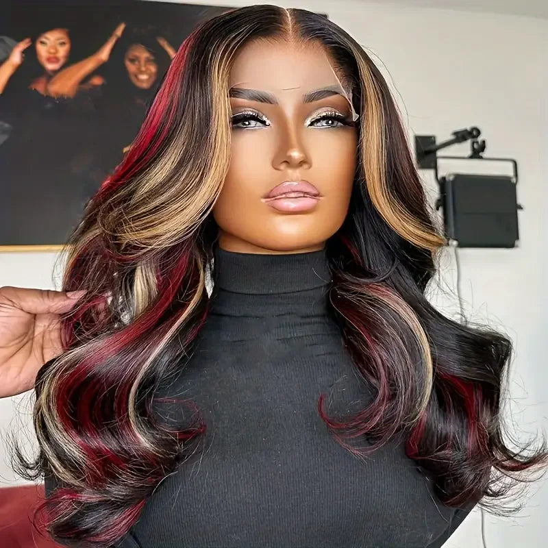 Ombre Brown Blonde Wavy Synthetic Lace Front Wig – Ginger Orange Highlights, Heat-Resistant & Glueless, Pre-Plucked for Natural Look
