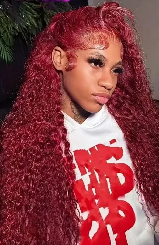 Premium Burgundy Curly Lace Front Wig – 100% Hair, 13x4/13x6 Lace, 26+ Inches, 180%-200% Density