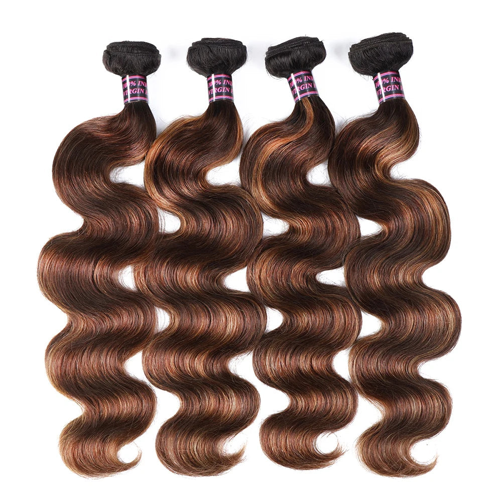 4/30 Highlight Body Wave Human Hair Bundles - 100% Highlighted Hair, Machine Double Weft, Can Be Permed & Dyed, Fast Delivery