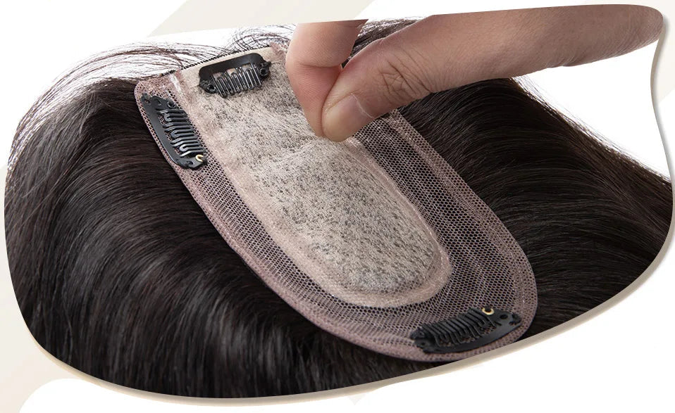 100% Human Hair Topper with Silk Base - Straight Hair, Center Part, Tangle-Free & Natural Hairline