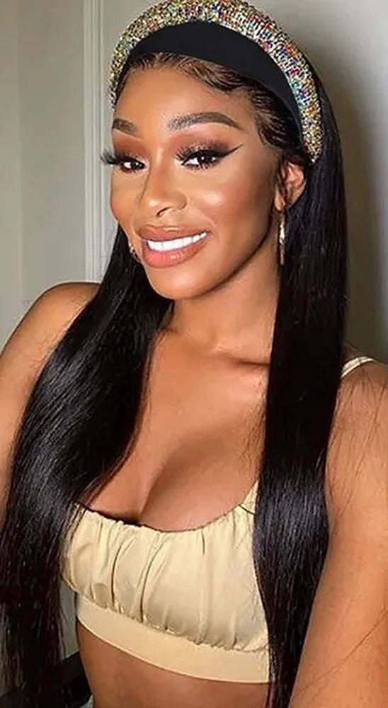 Peruvian Straight Headband Wig – Non-Human Hair, Natural Black, 10-28 Inches