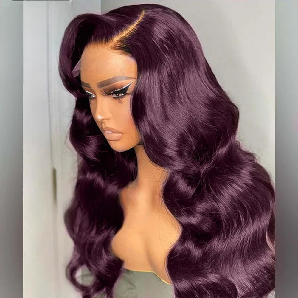 Deep Purple Body Wave Lace Front Wig – Dark Burgundy Glueless T-Part Synthetic Wig, Pre-Plucked Hairline, High-Quality, Affordable