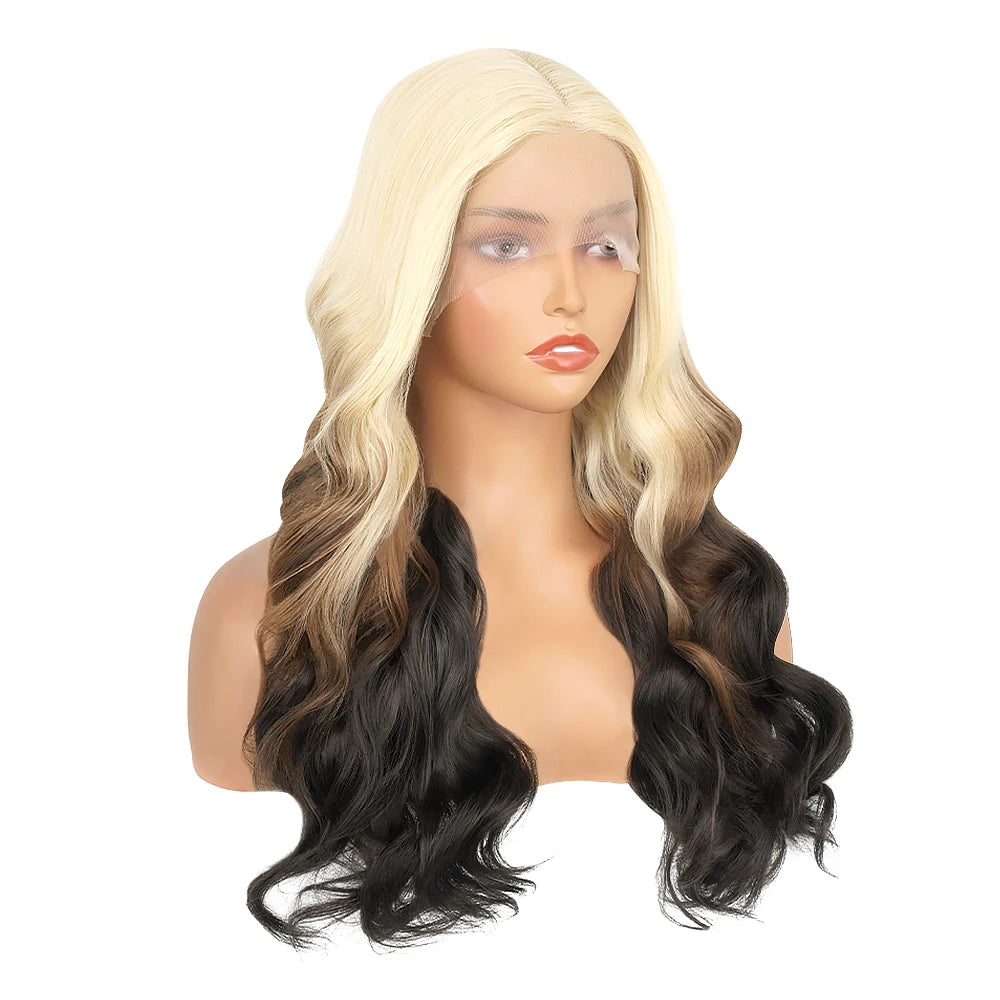 Chocolate Brown & Blonde Highlight Body Wave Synthetic Lace Front Wig – 180% Density, Heat-Resistant, Pre-Plucked