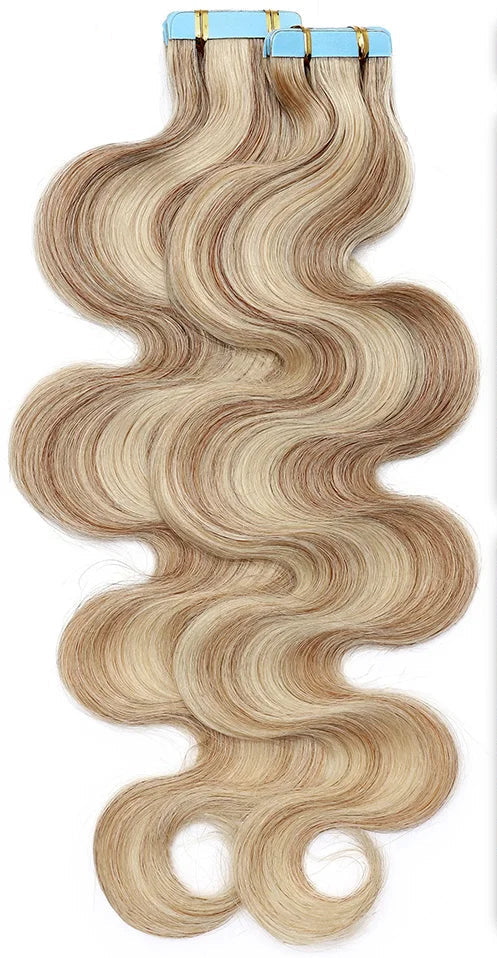 Premium Tape In Hair Extensions – 100% Human Hair, Wavy, Ombre & Piano Colors, 12" to 24", Reusable, Length & Volume Enhancement, Dyeable & Permed