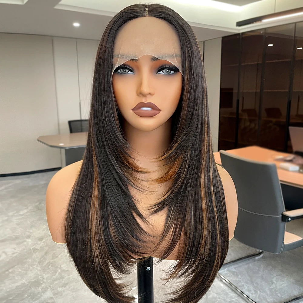 Straight Layered Lace Front Synthetic Wig – T-Part Glueless Design with Natural Pre-Plucked Hairline