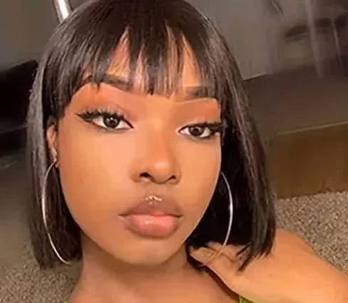 100% Straight Human Hair Bob Wig with Bangs – Realistic Scalp, Lightweight, Adjustable Cap Size