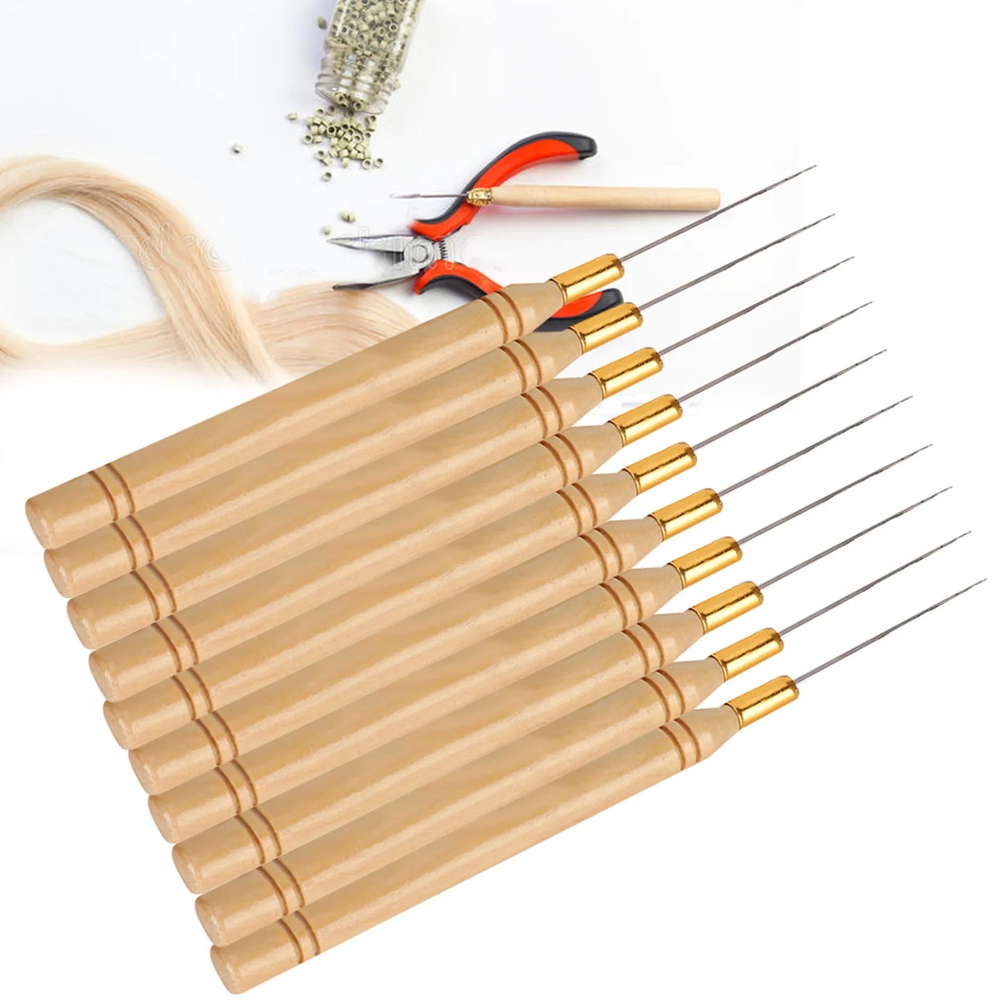 10PCS Stainless Steel Hair Extension Hook Needles - Professional Hair Styling Tool with Ergonomic Wooden Handle