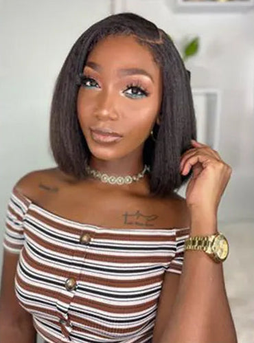 Peruvian Kinky Straight Human Hair Lace Bob Wig – 13*4 Frontal, 10-16 Inch, Swiss Lace, Adjustable Cap