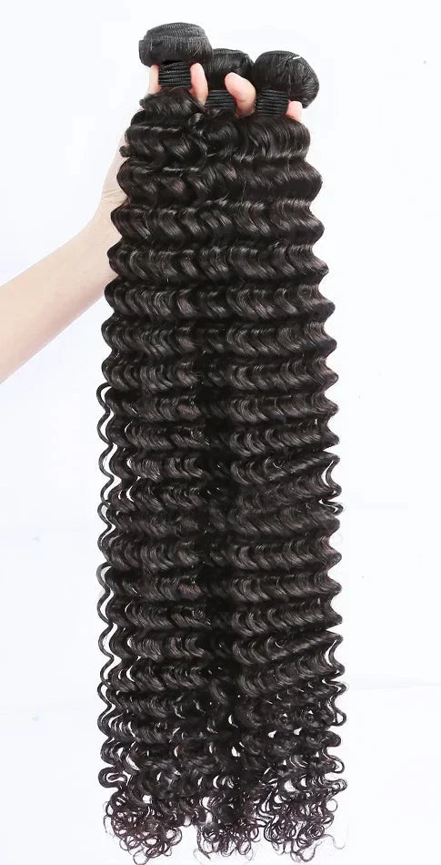 Deep Wave Hair Bundles - 100% Human Hair Extensions, Natural Color, Machine Double Weft