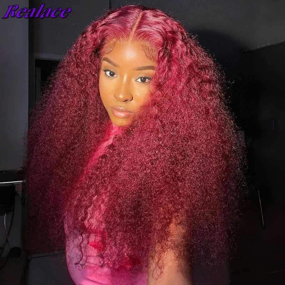 Premium Burgundy Curly Lace Front Wig – 100% Hair, 13x4/13x6 Lace, 26+ Inches, 180%-200% Density
