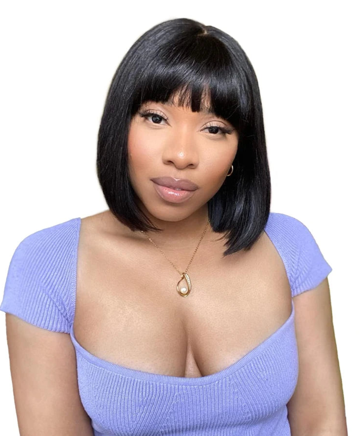 100% Straight Human Hair Bob Wig with Bangs – Realistic Scalp, Lightweight, Adjustable Cap Size