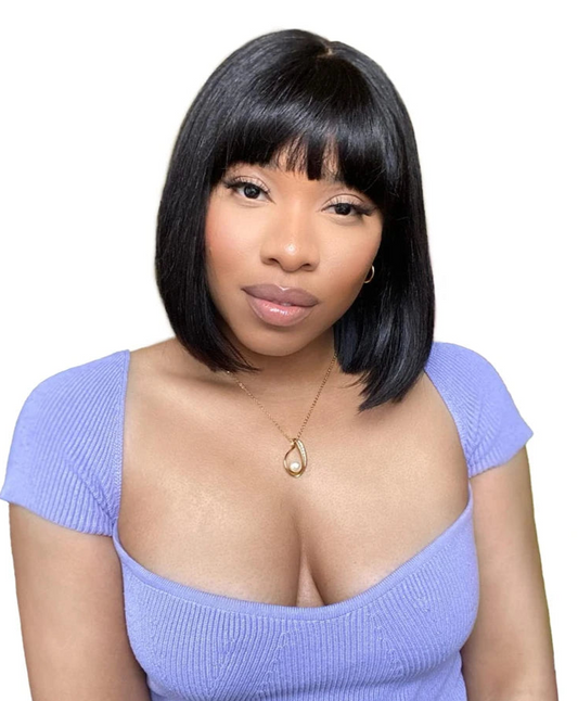 100% Straight Human Hair Bob Wig with Bangs – Realistic Scalp, Lightweight, Adjustable Cap Size