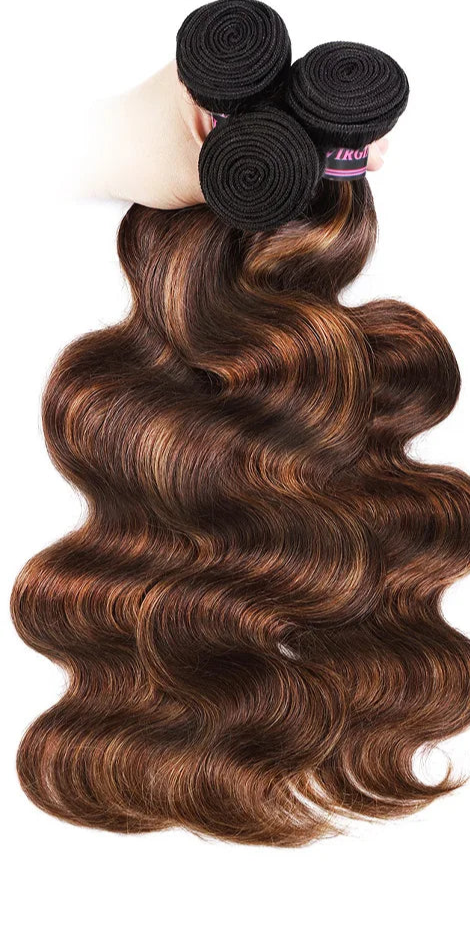 4/30 Highlight Body Wave Human Hair Bundles - 100% Highlighted Hair, Machine Double Weft, Can Be Permed & Dyed, Fast Delivery