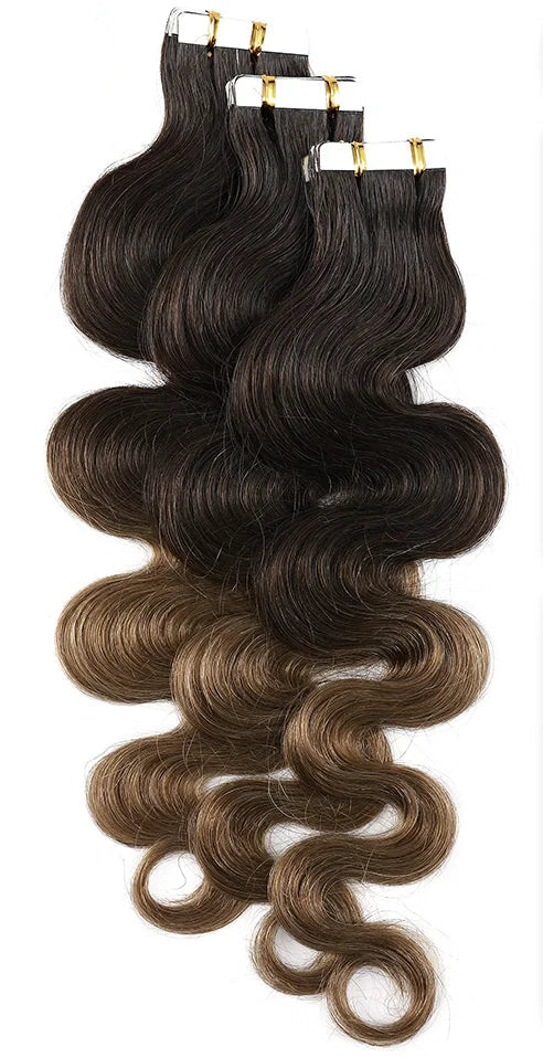 Premium Tape In Hair Extensions – 100% Human Hair, Wavy, Ombre & Piano Colors, 12" to 24", Reusable, Length & Volume Enhancement, Dyeable & Permed