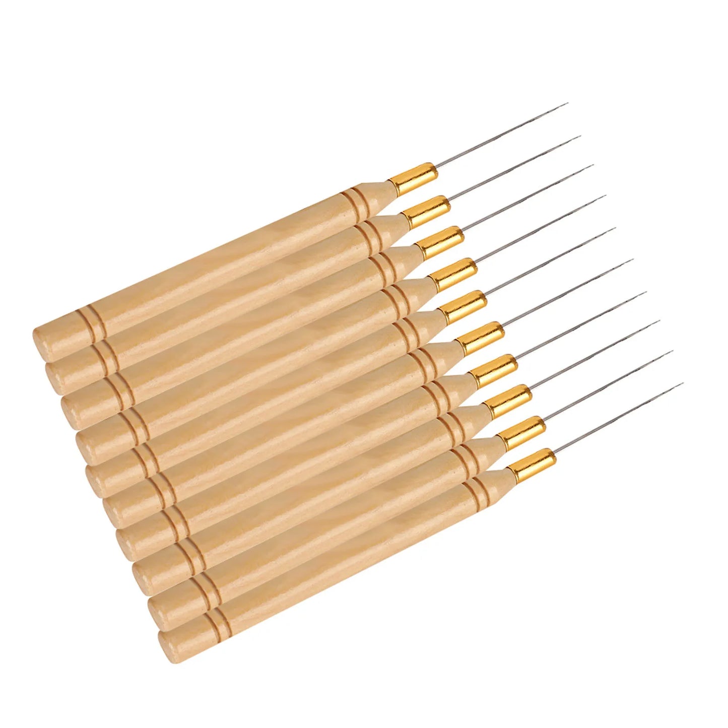 10PCS Stainless Steel Hair Extension Hook Needles - Professional Hair Styling Tool with Ergonomic Wooden Handle