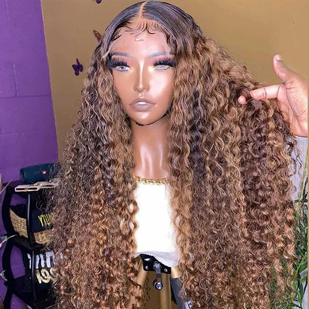 13x4 Highlight Curly Lace Front Wig – Honey Blonde Deep Wave, 100% Hair