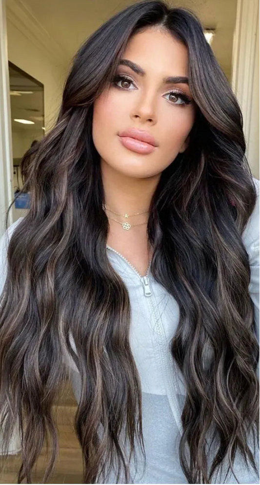 24-Inch Brunette Highlights Balayage Synthetic Clip-In Hair Extensions - Body Wave, Tangle-Free & Silky Smooth