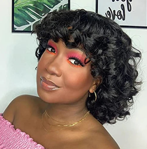 Short Funmi Curly Bob Wig with Bangs – 100% Human Hair, Bouncy & Stylish