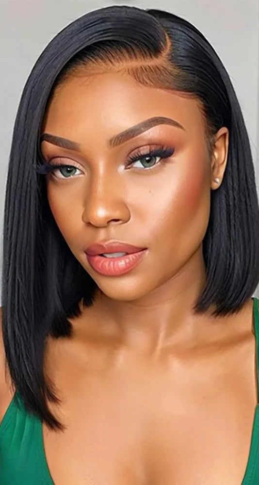 Natural Black Straight Bob Wig – 13x4 Transparent Lace Frontal Human Hair, Short Length, 180%-200% Density
