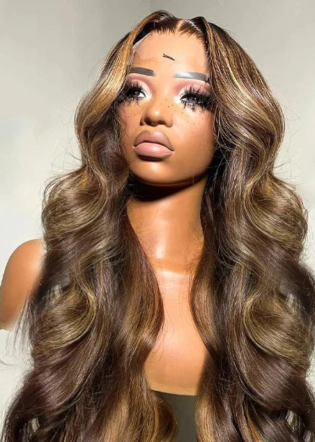 26+ Inch Body Wave HD Transparent Lace Front Wig – Highlighted Human Hair, Pre-Plucked, Ombre Style