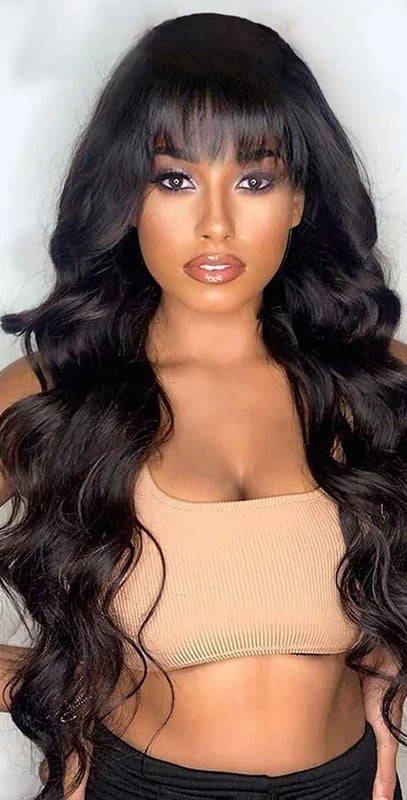 Body Wave Human Hair Wig with Bangs – 3x1 Glueless, 180% Density, Natural Black, Long Lengths (18–30 Inches)