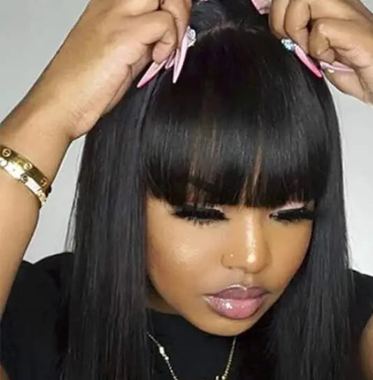 Straight Human Hair Wig with Bangs – 100% Virgin Hair, Natural Black, 14-26 Inches