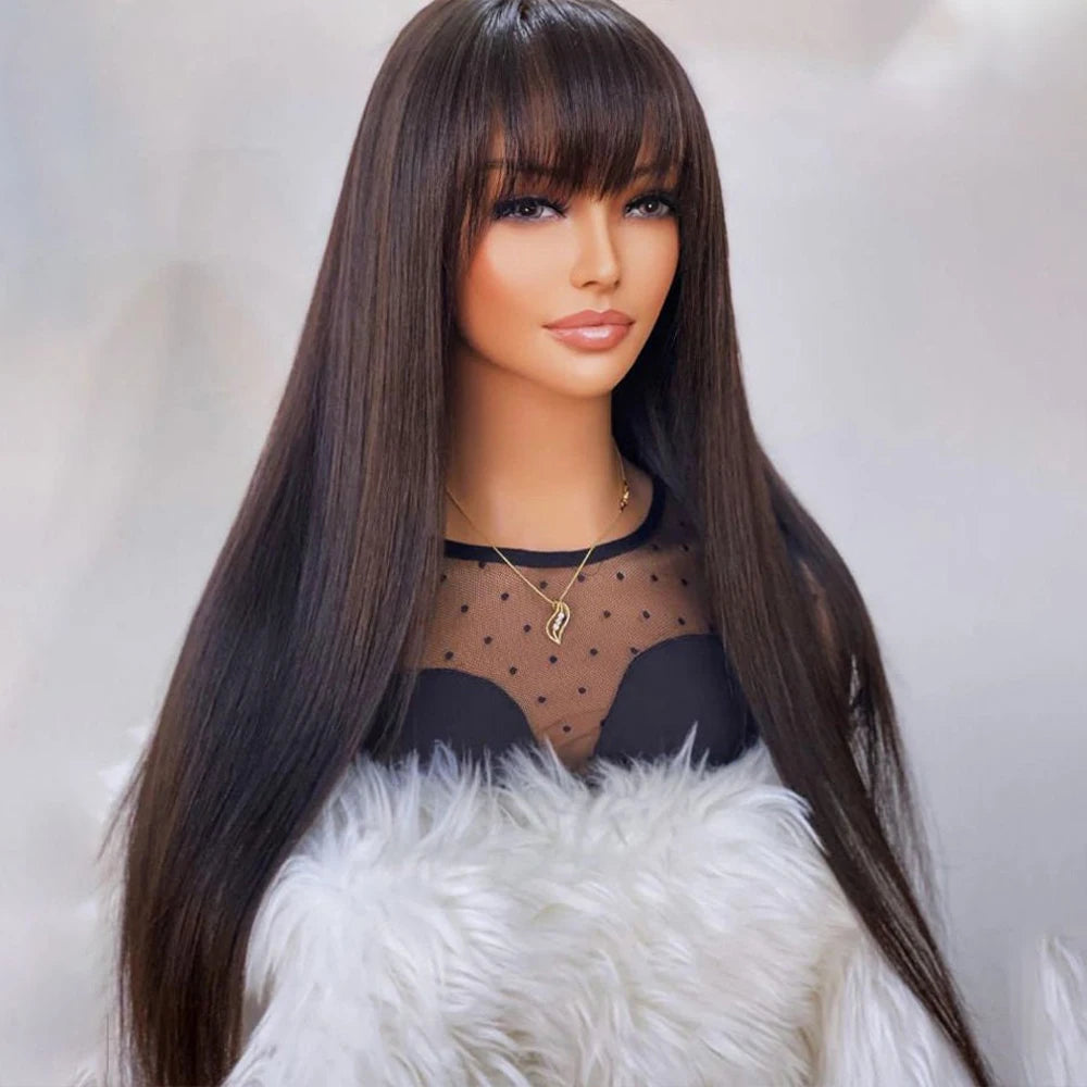 Medium-Length Straight Human Hair Wig – 150% Density, 1B Natural Color, Tangle-Free & Long-Lasting