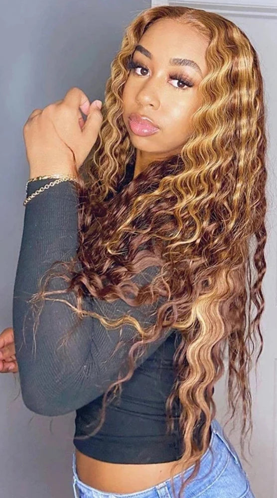 13x4 Highlight Curly Lace Front Wig – Honey Blonde Deep Wave, 100% Hair