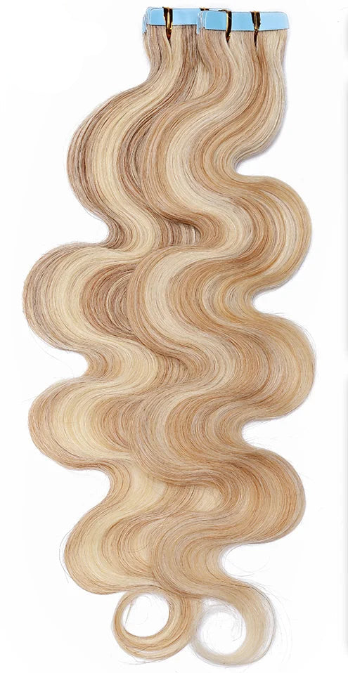 Premium Tape In Hair Extensions – 100% Human Hair, Wavy, Ombre & Piano Colors, 12" to 24", Reusable, Length & Volume Enhancement, Dyeable & Permed