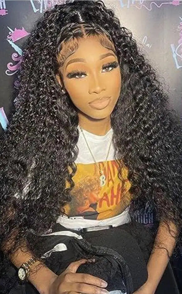 Deep Wave Lace Front Wig – 18-24 Inch, Swiss Lace, 200% Density, Natural Off-Black