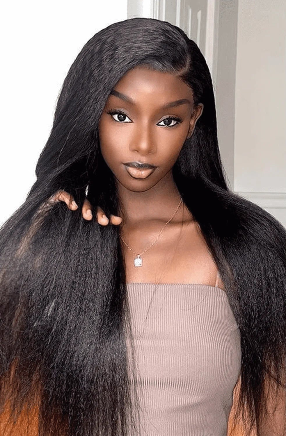 360 Lace Front Kinky Straight Human Hair Wig – Natural Look, Long 26+ Inches, Transparent Swiss Lace