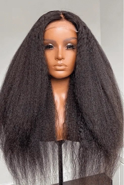 360 Lace Front Kinky Straight Human Hair Wig – Natural Look, Long 26+ Inches, Transparent Swiss Lace