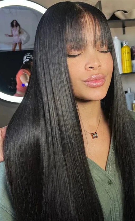 200% Density Long Straight Human Hair Wig – 26+ Inch Natural Black Wig with No Tangle or Shedding