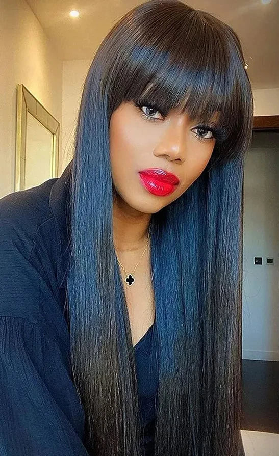 Finros 3x1 Straight Human Hair Wig – Long 26+ Inch, Glueless Pre-Plucked Wig with Bangs