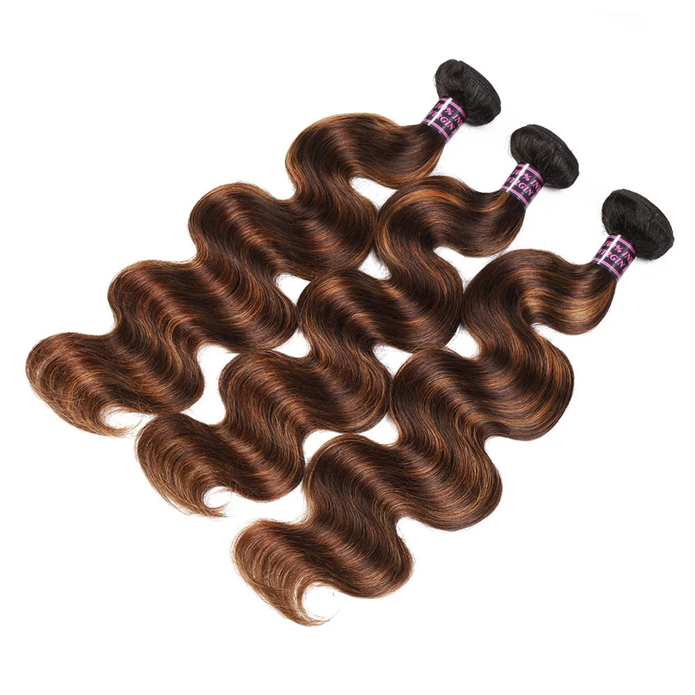 4/30 Highlight Body Wave Human Hair Bundles - 100% Highlighted Hair, Machine Double Weft, Can Be Permed & Dyed, Fast Delivery