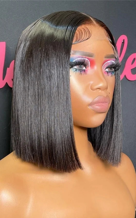 Short Straight Lace Front Wig – 100% Hair with Light Brown Swiss Lace