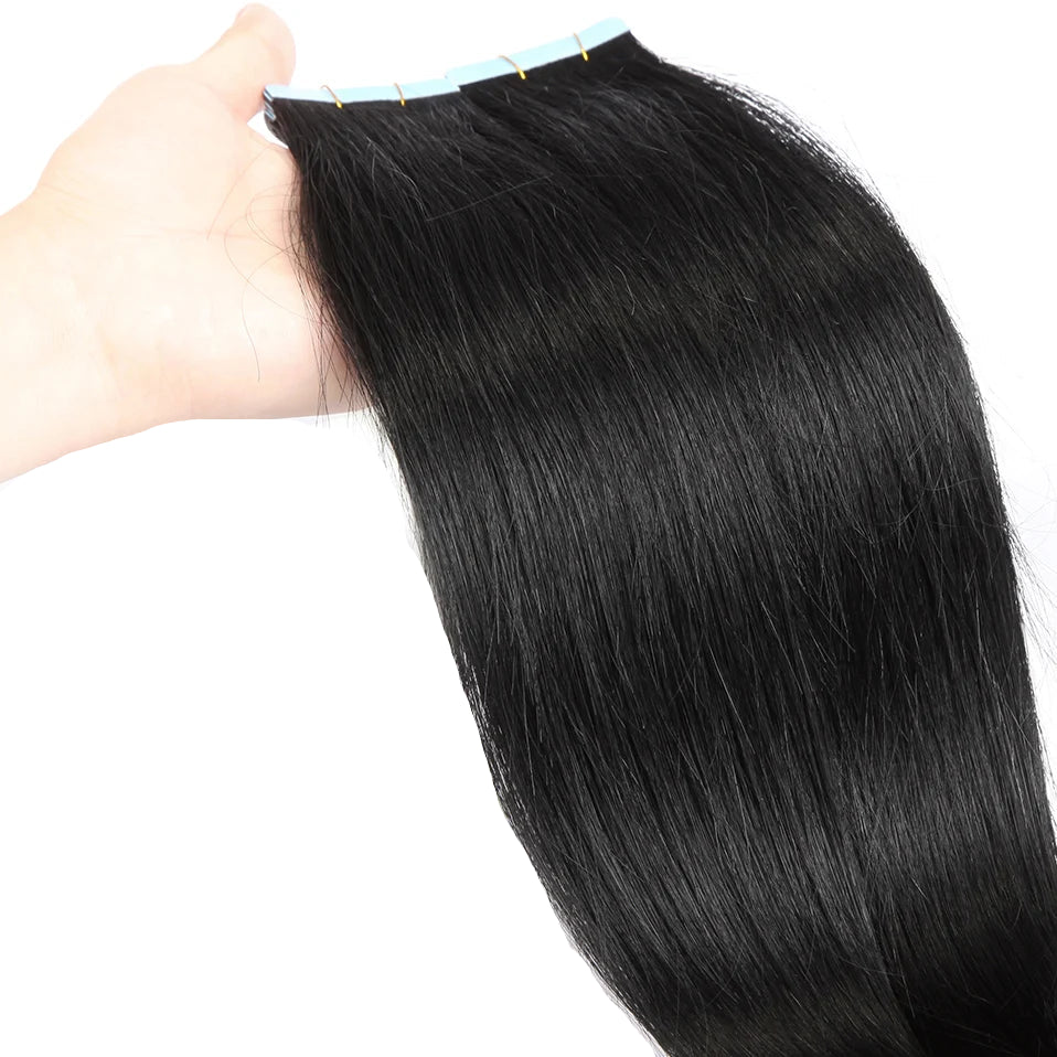 Luxury Tape In Hair Extensions – 100% Real Human Hair, Straight Texture, Black/Brown/Blonde, 16"-24", Thick & Seamless for Volume and Length