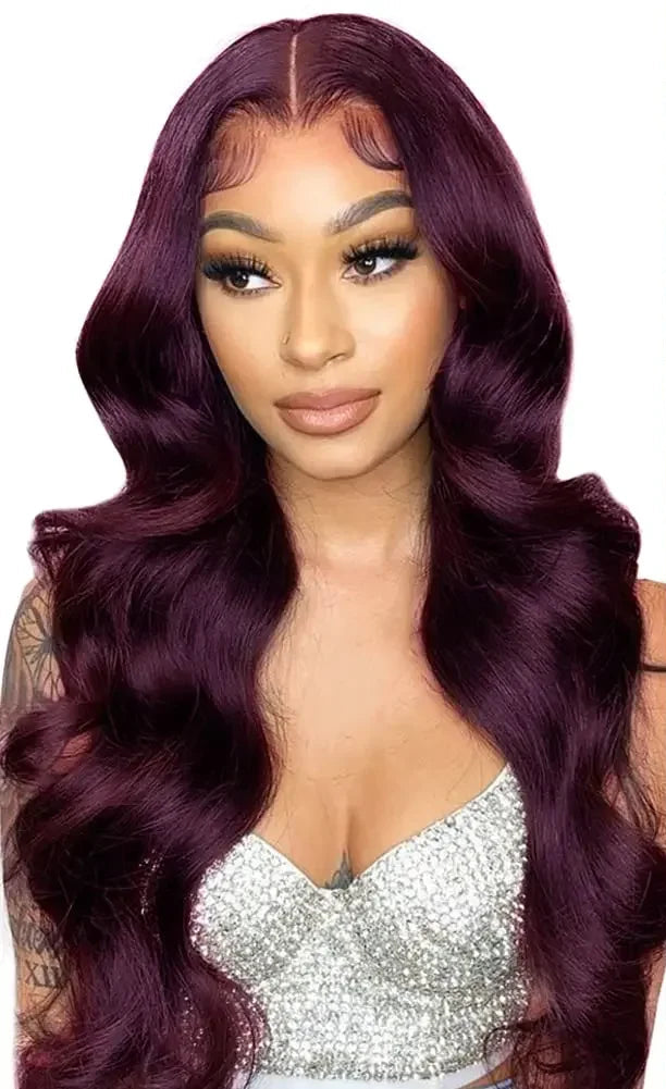 Deep Purple Body Wave Lace Front Wig – Dark Burgundy Glueless T-Part Synthetic Wig, Pre-Plucked Hairline, High-Quality, Affordable