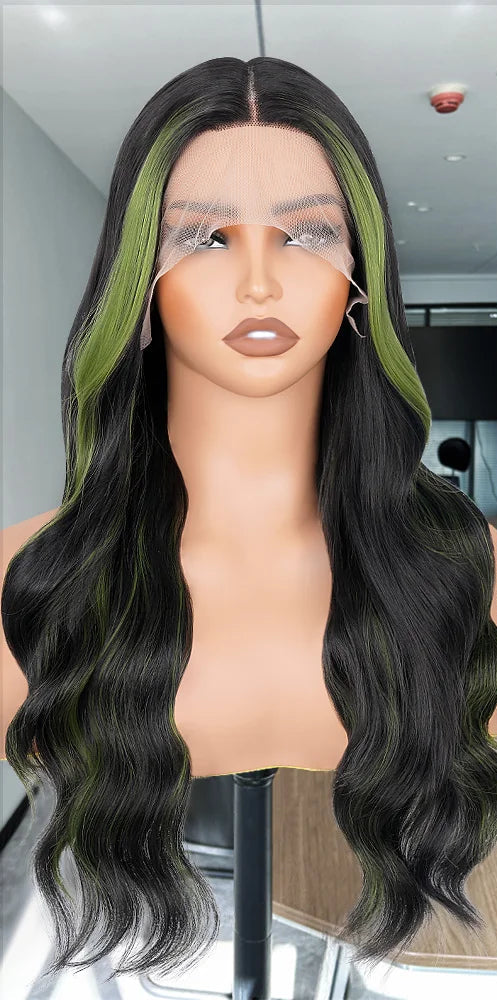 Chocolate Brown & Blonde Highlight Body Wave Synthetic Lace Front Wig – 180% Density, Heat-Resistant, Pre-Plucked